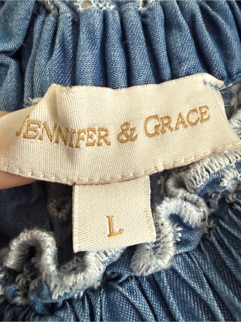 Jennifer & Grace Blue & White Chambray Eyelet Embroidered Puff Sleeve Blouse Lg - Picture 4 of 6